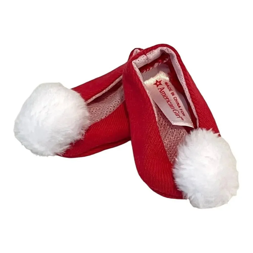 American Girl Doll Slippers For Love Peace Joy Pajamas Holiday Red Pom Pom Shoes